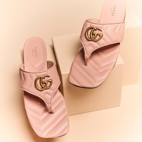 Gucci Marmont GG  Padded Chevron Matelasse Leather Thong Flat Sandals Shoes - Picture 1 of 16